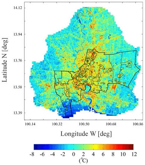 Landsat 8 图像（时间间隔 2014–2016 年）的曼谷平均 SUHI 地图