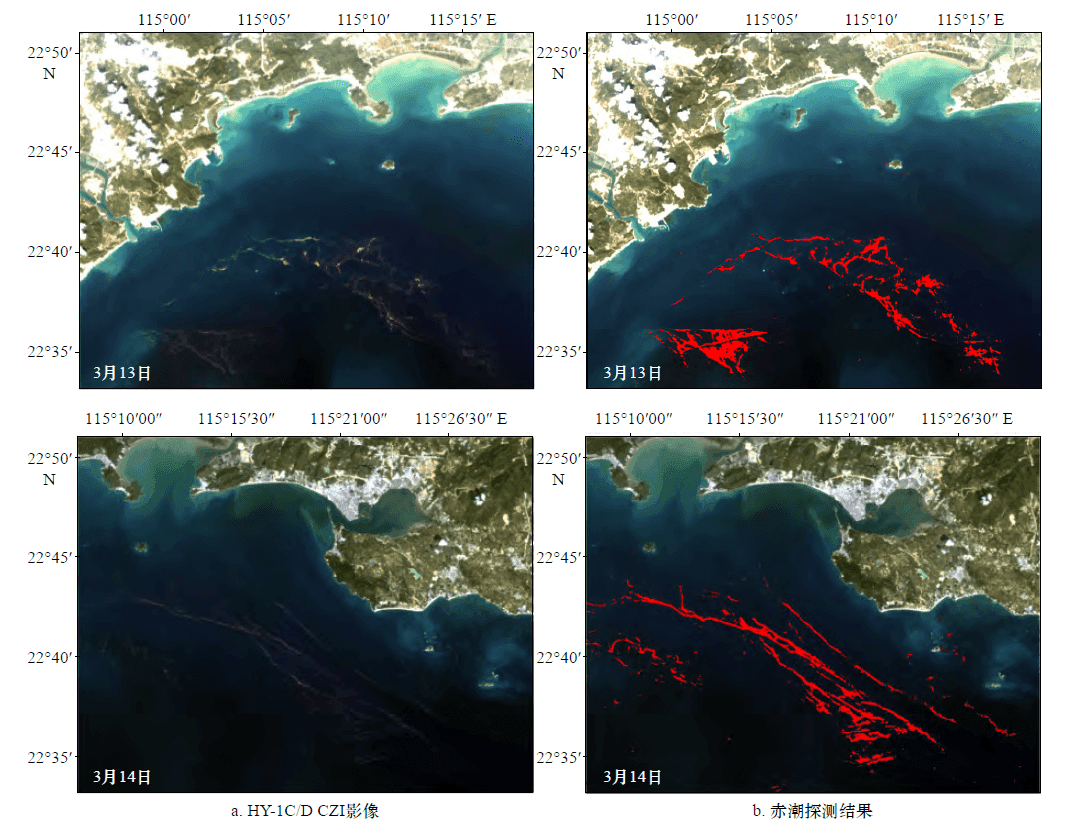 HY-1C/D CZI 影像赤潮探测结果（红色表示赤潮）