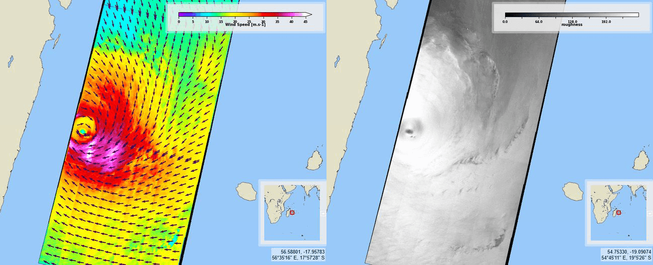 2022 年 2 月 22 日 Sentinel-1A 观测到的埃姆纳蒂气旋。风速（左）根据表面粗糙度 SAR（右上）计算得出。最大持续风速超过 45 米/秒