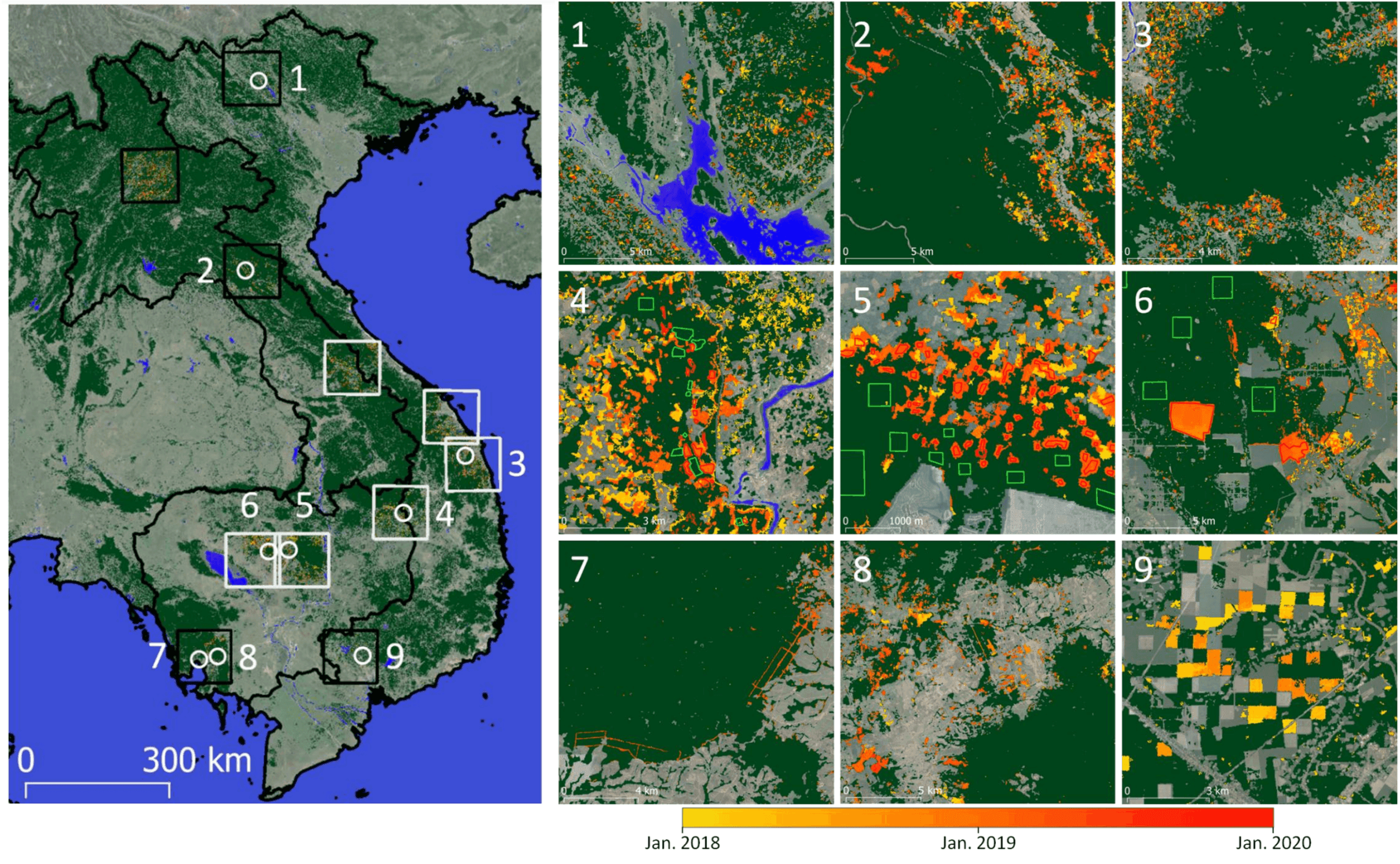 2018 年至 2020 年老挝、柬埔寨和越南的森林砍伐检测地图。（Sentinel-1）